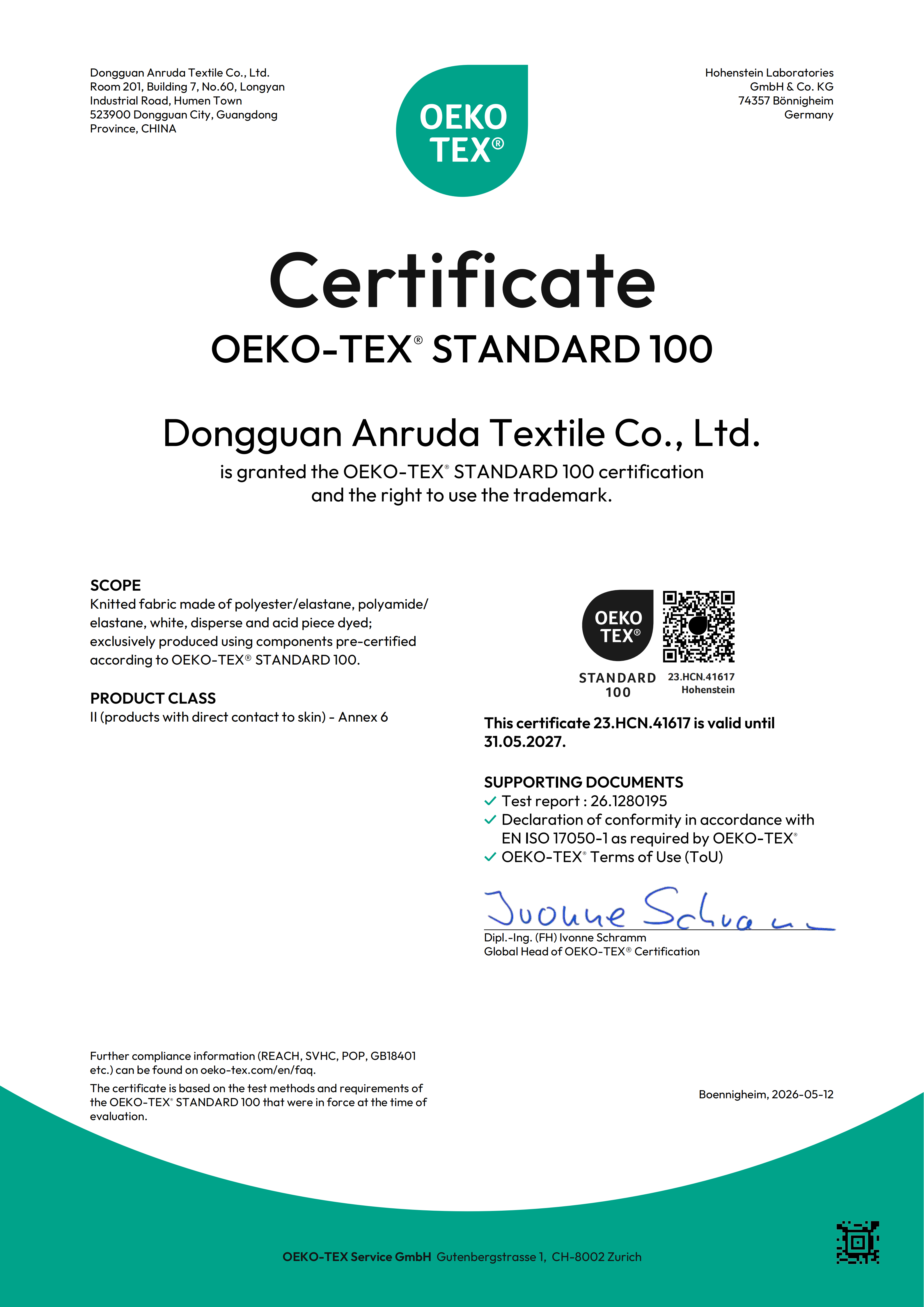 OEKO-TEX STANDARD 100 Zertifikat ausgestellt f&uuml;r Dongguan Anruda Textile Co., Ltd.