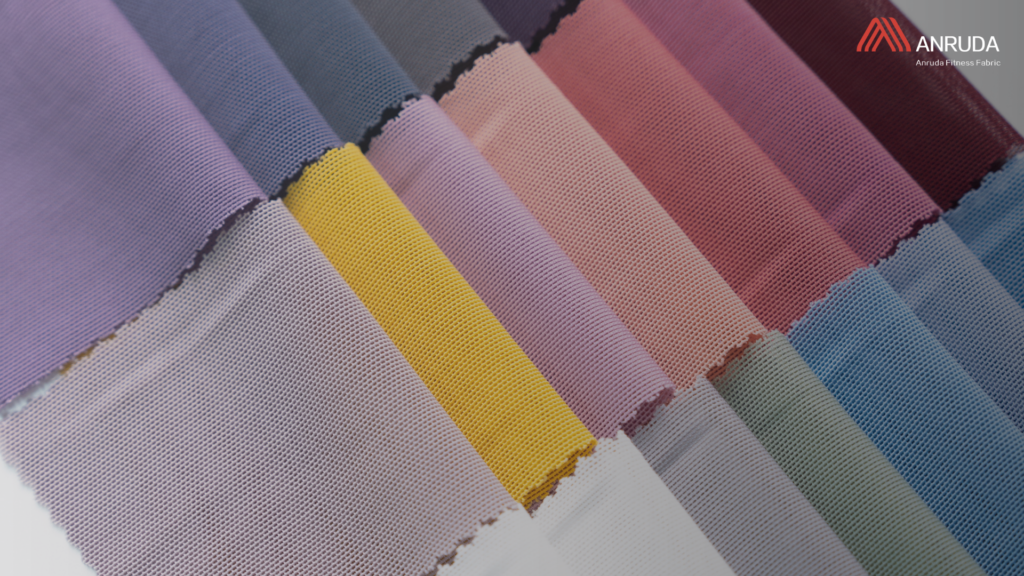 Sportswear fabric swatches in different colors arranged side by side
