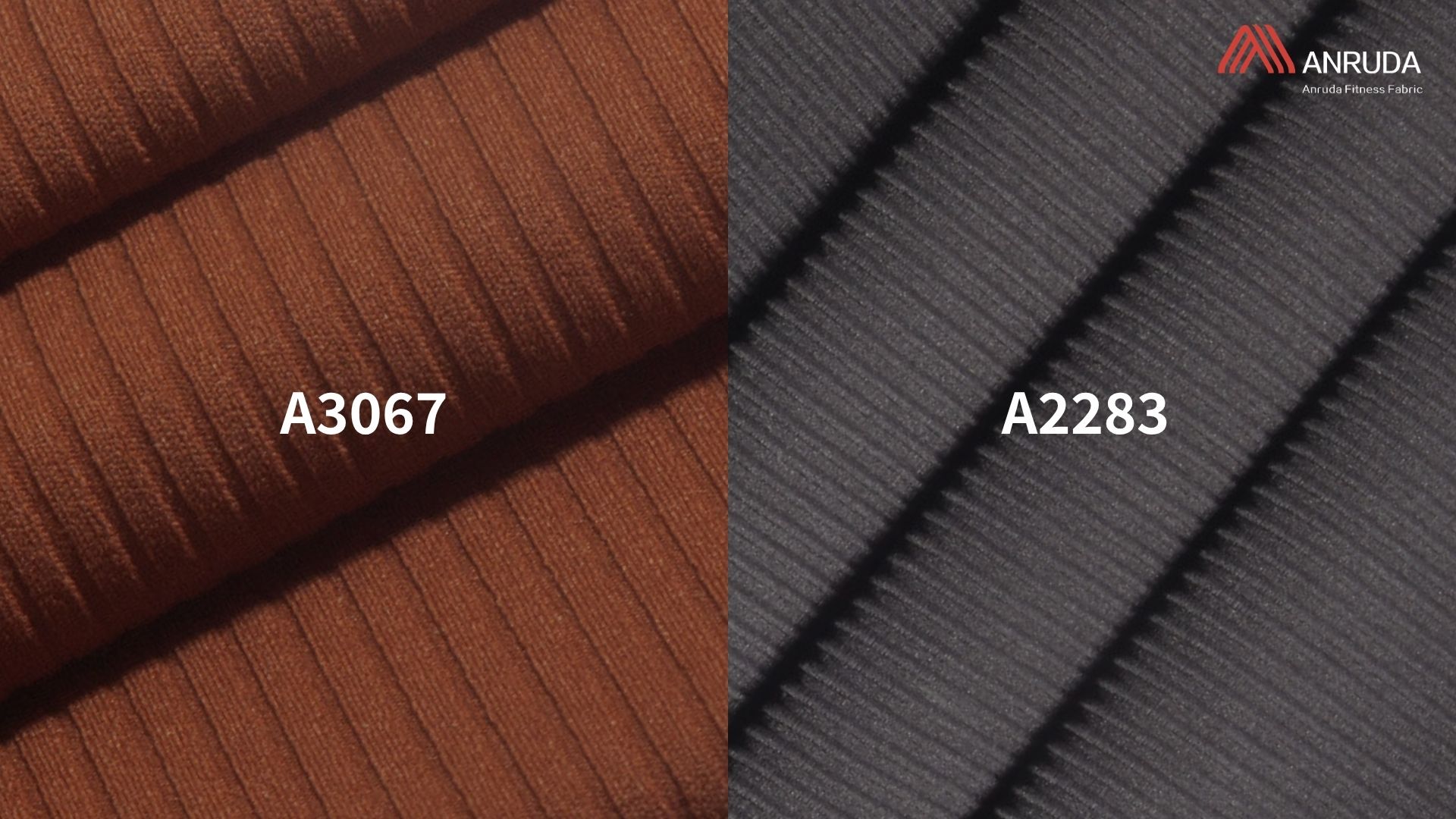 Side-by-side close-ups of Anruda A3067 ribbed fabric in rust brown and A2283 ribbed fabric in dark gray.
